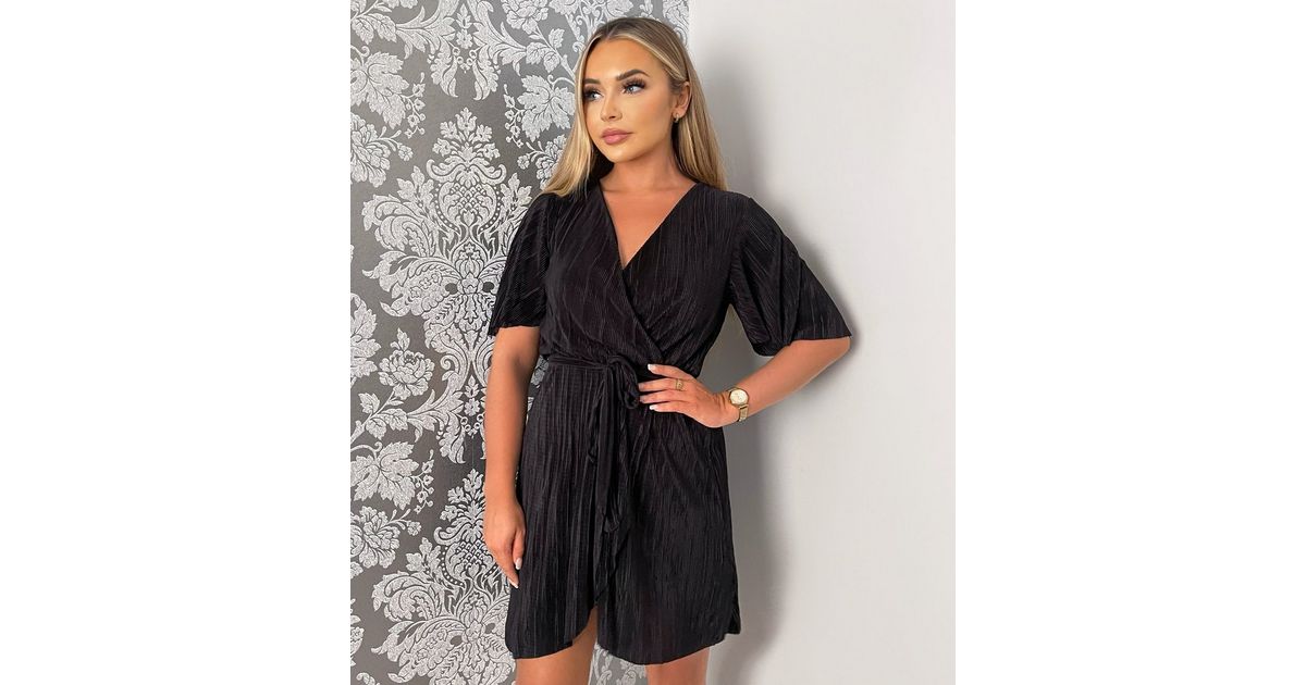 Black Wrap Top Belted Short Sleeve Plisse Mini Dress – AX Paris US