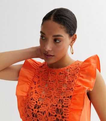 Bright Orange Crochet Sleeveless Top New Look