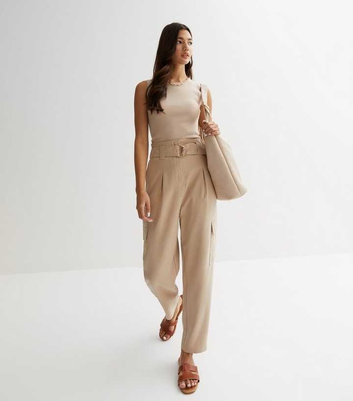 BELTED STRAIGHT LEG PANTS - Stone