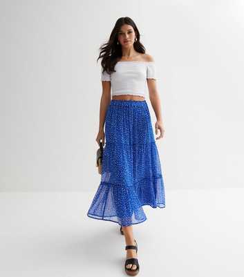 Blue Spot Chiffon High Waist Tiered Midi Skirt