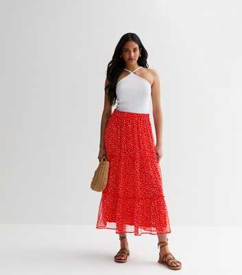 Red Spot Chiffon High Waist Tiered Midi Skirt
