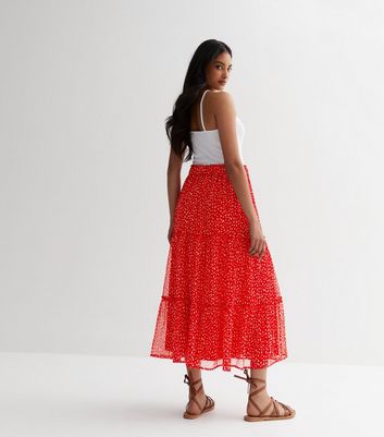 Red Spot Chiffon High Waist Tiered Midi Skirt New Look