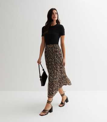 Brown Zebra Print Tiered Midi Skirt