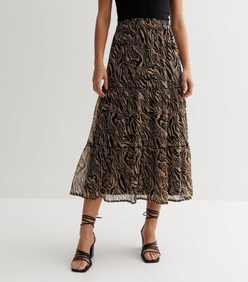 Brown Zebra Print Tiered Midi Skirt New Look
