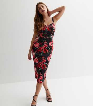 Black Rose Print Sweetheart Strappy Belted Midi Bodycon Dress