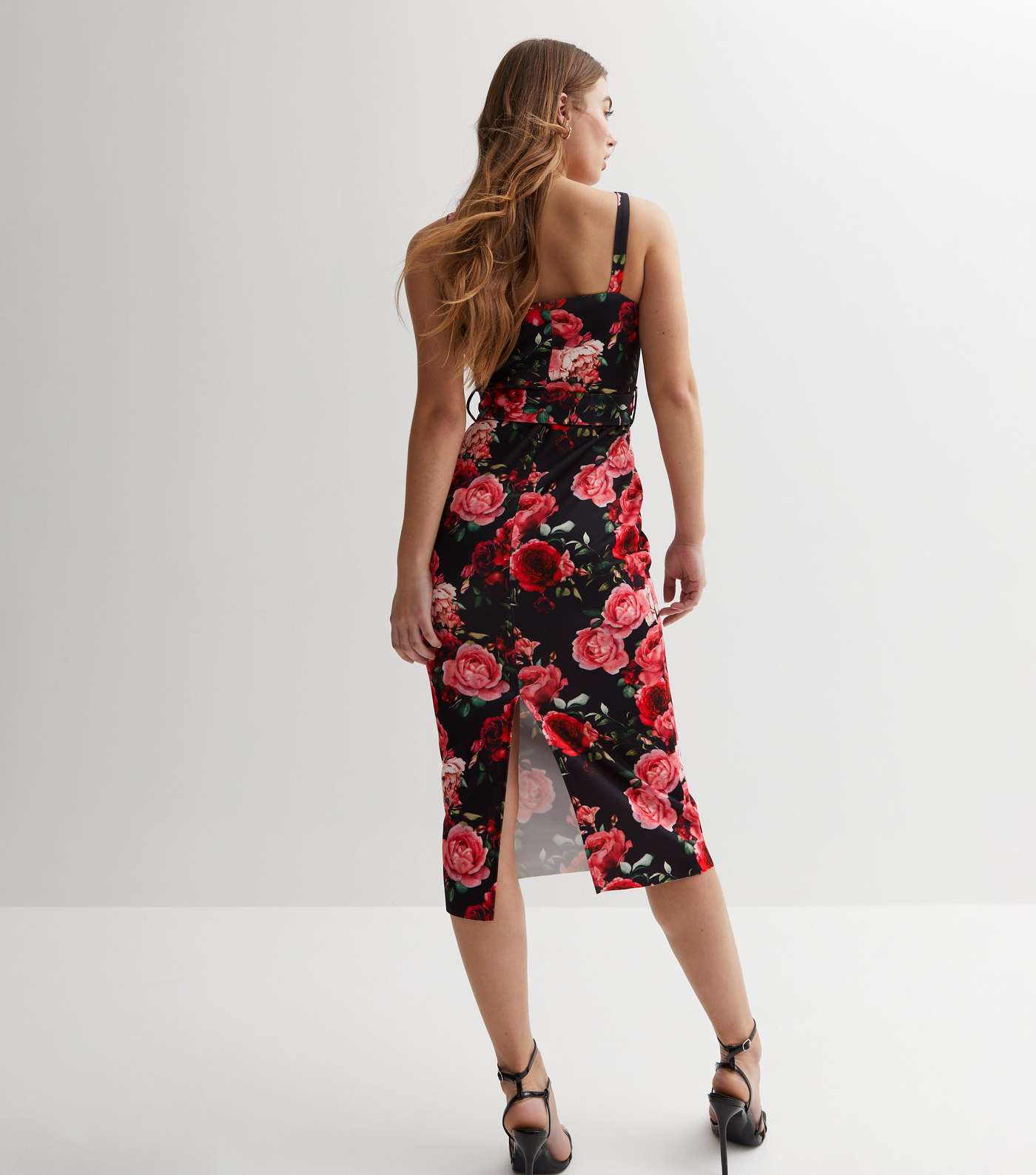 Black Rose Print Sweetheart Strappy Belted Midi Bodycon Dress Image 4