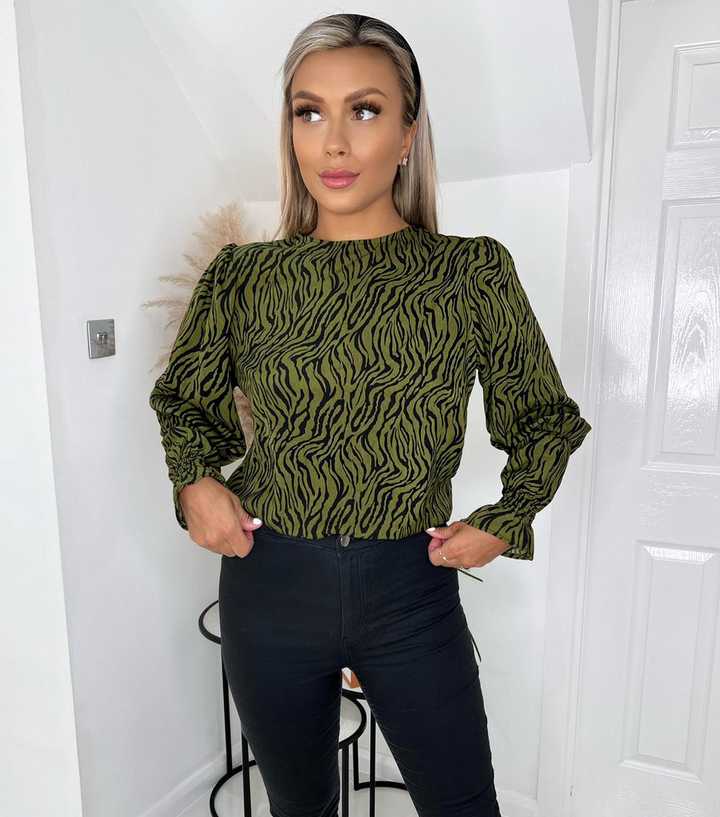 AX Paris Khaki Animal Print Long Sleeve Blouse