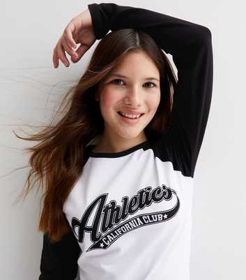 Girls Black Long Raglan Sleeve Ringer Athletics Logo T-Shirt