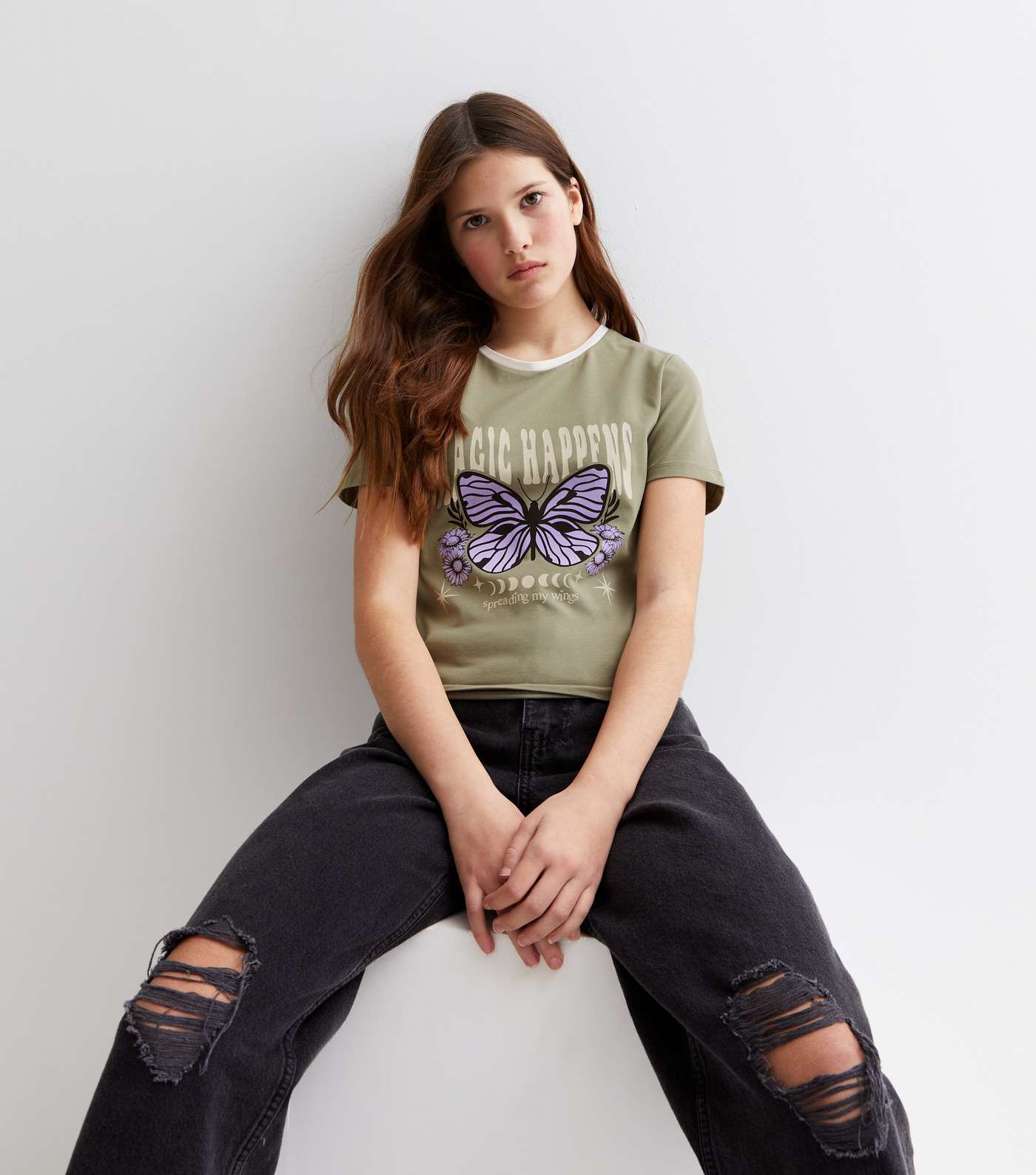 Girls Olive Magic Happens Butterfly Logo Ringer T-Shirt Image 2
