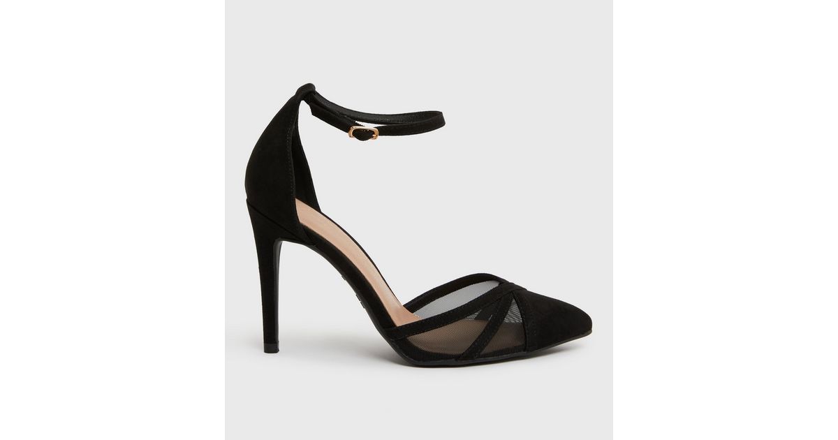 Black Suedette Mesh 2 Part Stiletto Heel Sandals | New Look