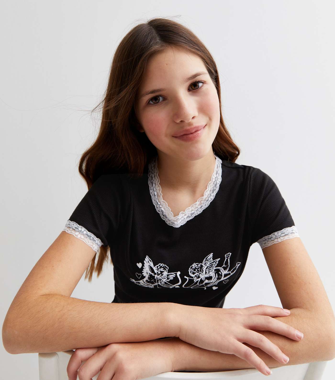 Girls Black Lace Trim Cherub T-Shirt Image 3