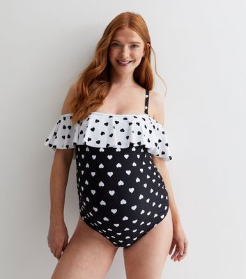 Maternity Black Heart Frill Bardot Swimsuit New Look