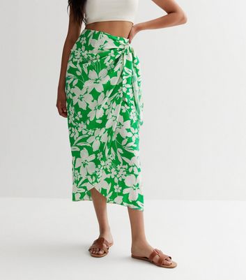 Green Floral Sarong Midi Skirt New Look