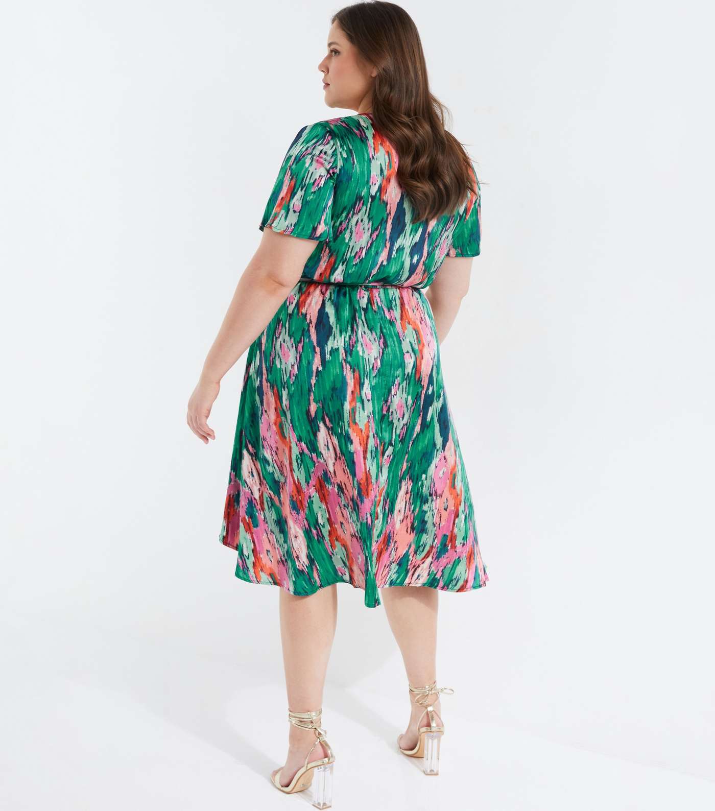 QUIZ Curves Multicoloured Marble Print Satin Wrap Dress Image 3
