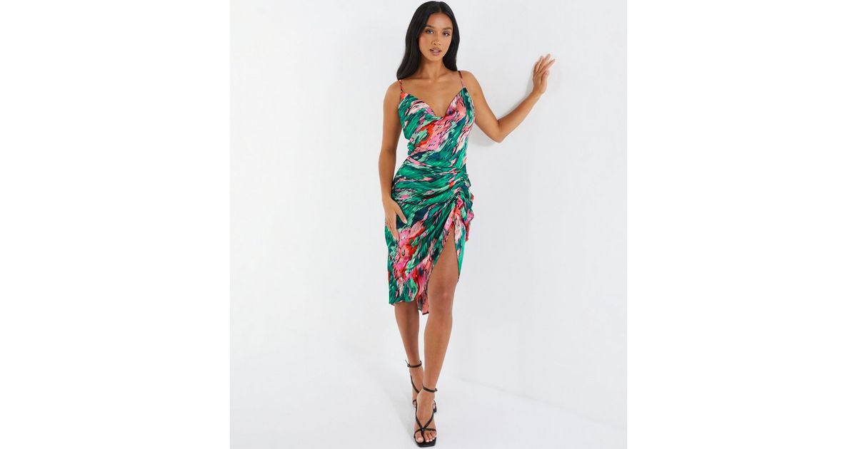 QUIZ Petite Multicoloured Marble Print Satin Ruched Midi Dress New Look