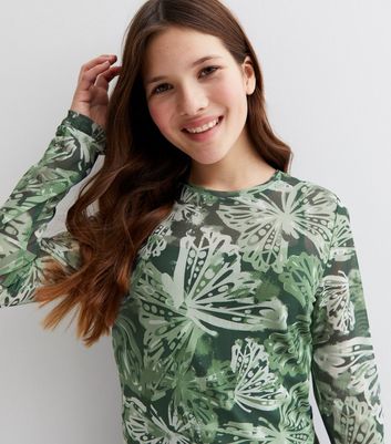 Girls Green Butterfly Mesh Long Sleeve Top New Look