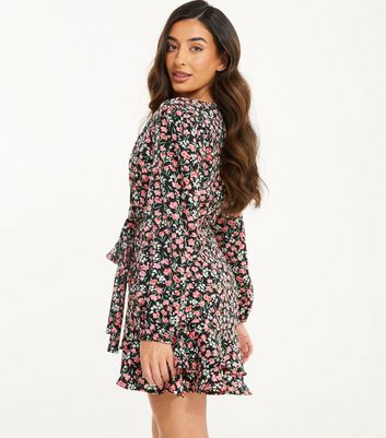 Quiz black floral clearance print frill dress