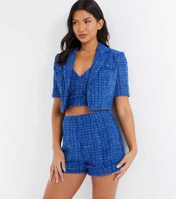 QUIZ Bright Blue Check Bouclé Crop Blazer