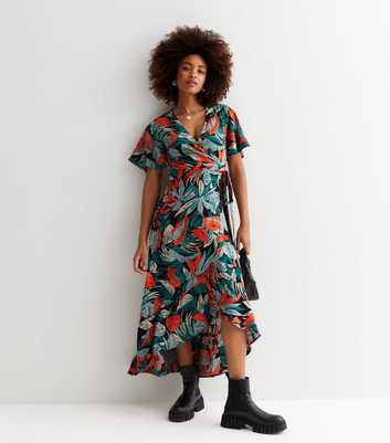 Cutie London Black Leaf Print Short Sleeve Ruffle Hem Midi Wrap Dress