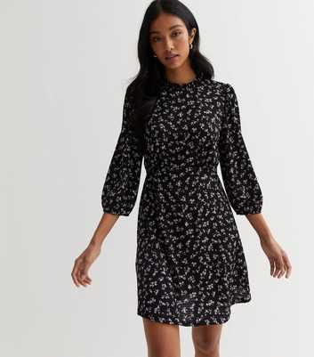 Black Floral Crinkle Jersey 3/4 Puff Sleeve Mini Dress