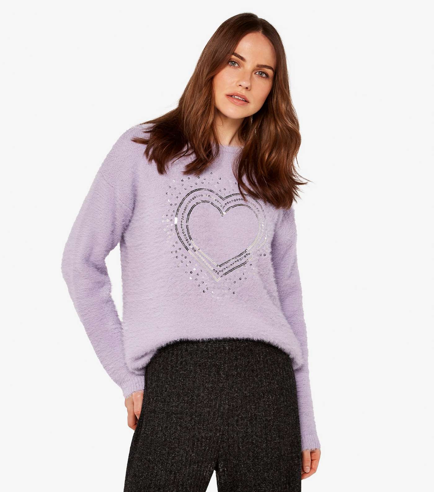 Apricot Lilac Fluffy Knit Sequin Heart Jumper