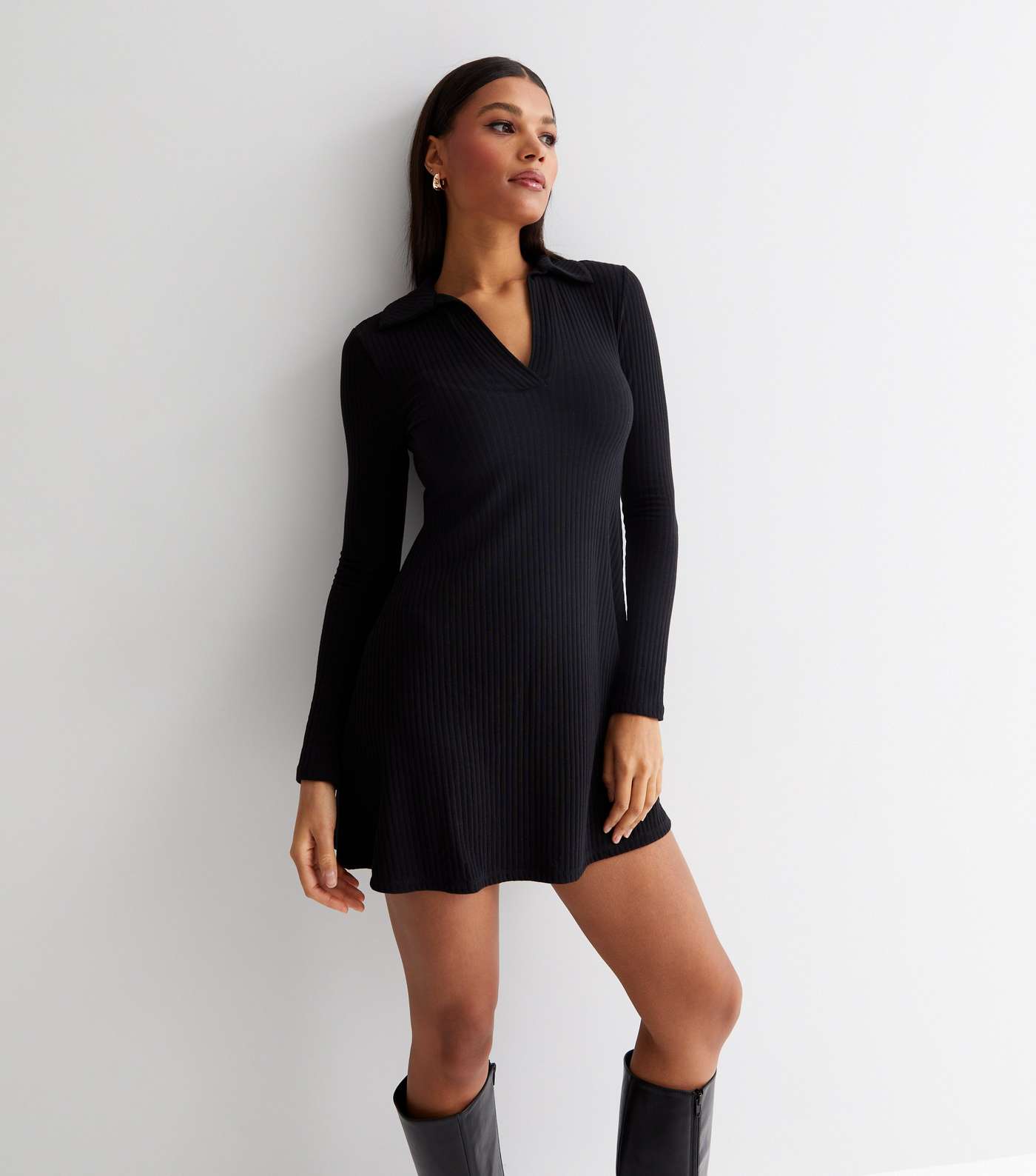 Black Ribbed Jersey Collared Long Sleeve Mini Dress Image 2