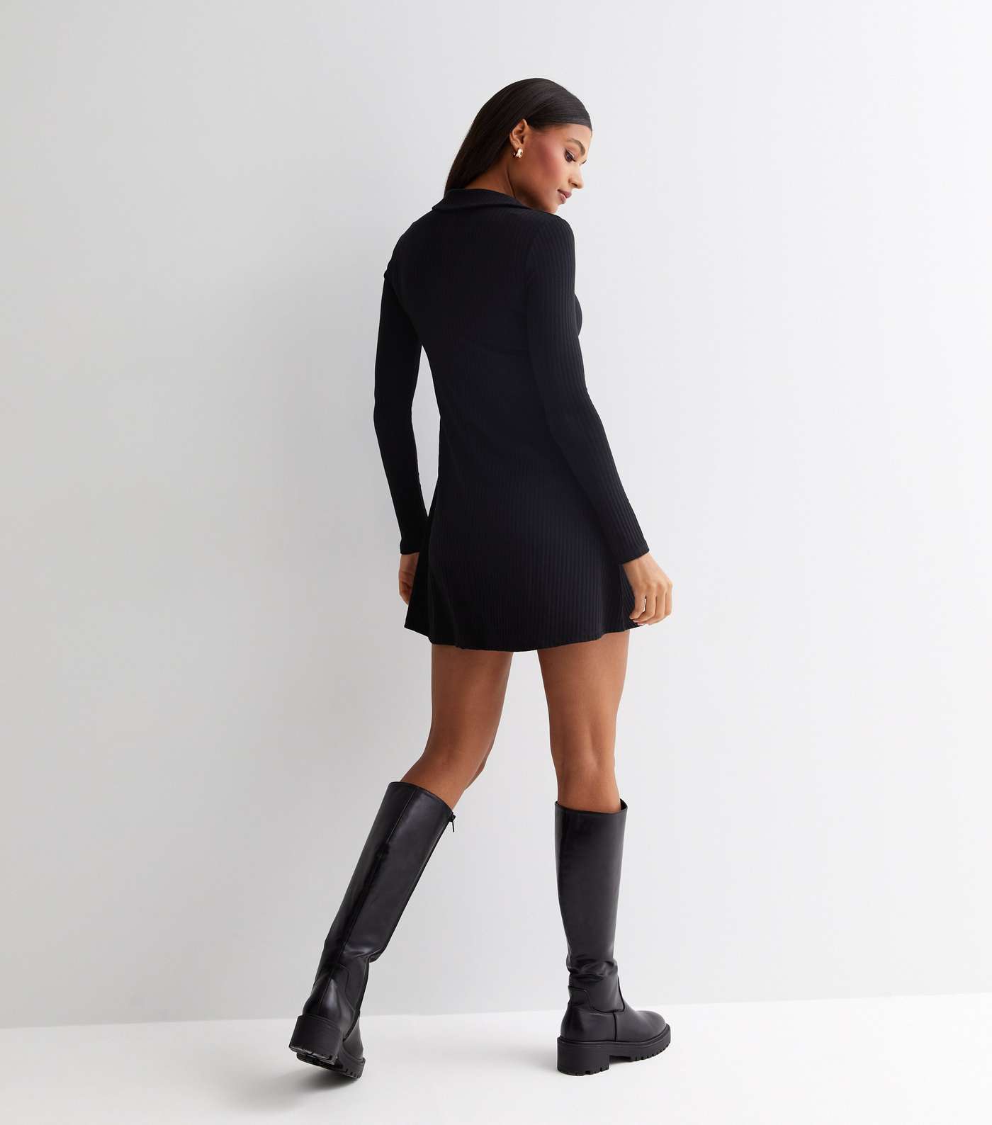 Black Ribbed Jersey Collared Long Sleeve Mini Dress Image 4