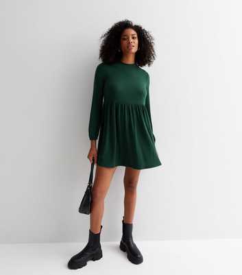 Dark Green Ribbed Jersey Long Puff Sleeve Mini Smock Dress