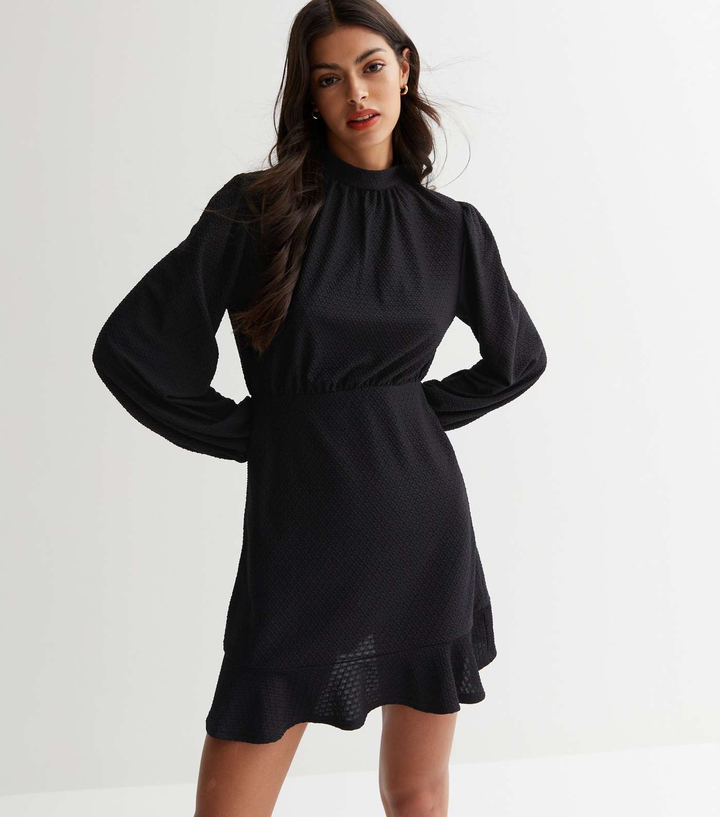 Black Crinkle Jersey High Neck Mini Dress