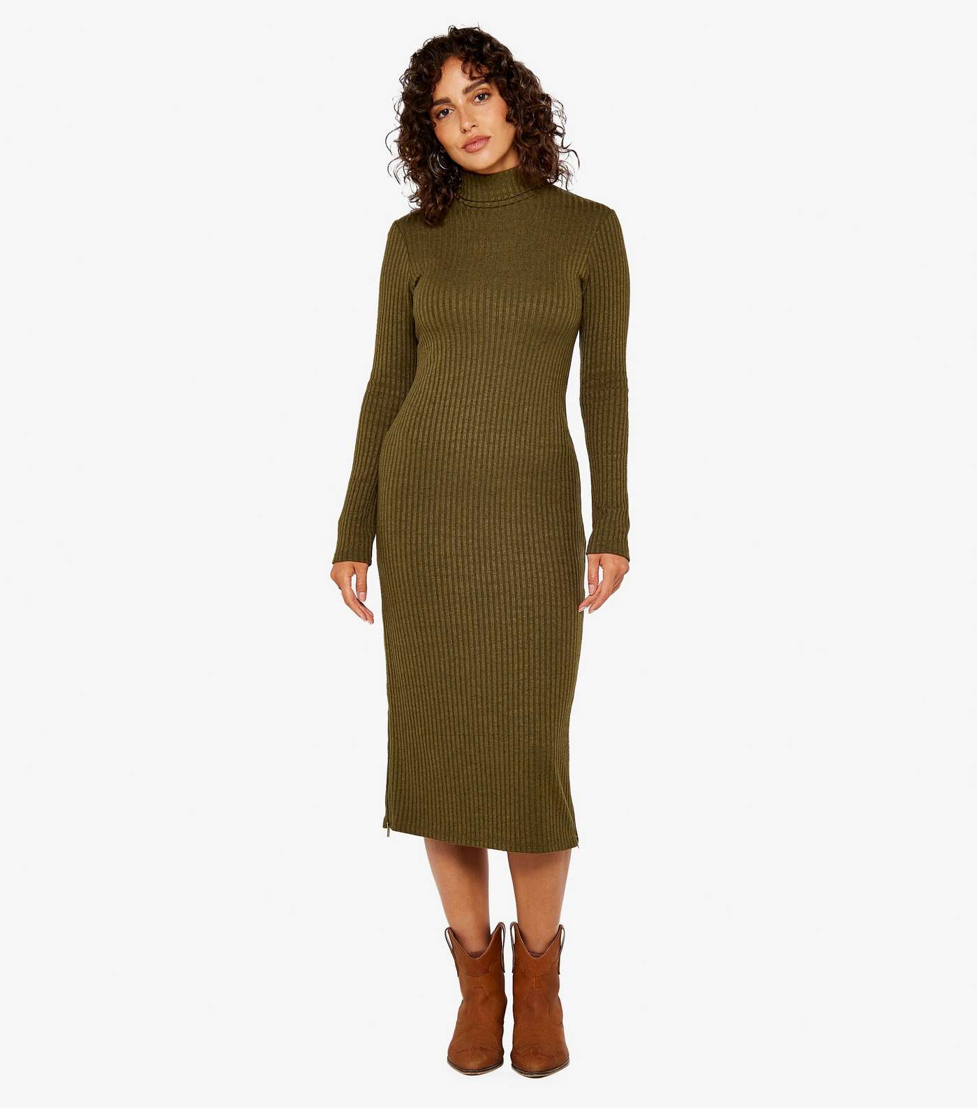 Apricot Olive Ribbed Knit Zip Side Midi Bodycon Dress Image 2