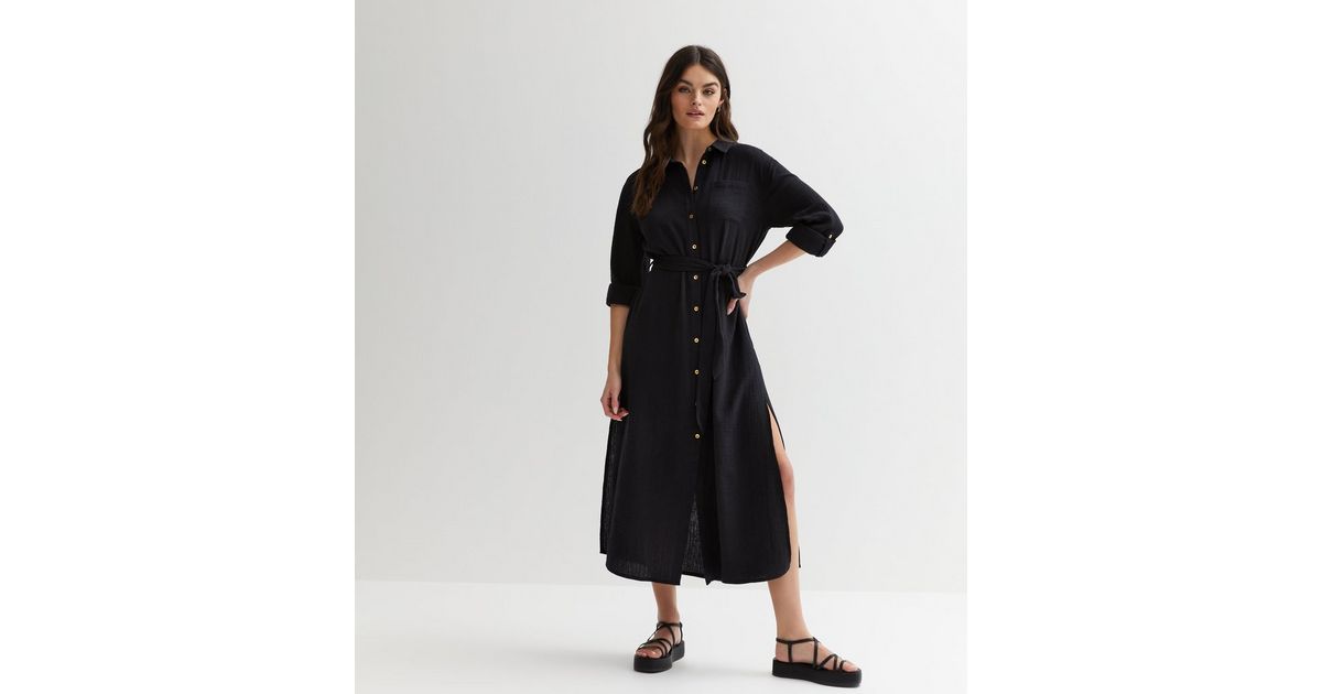 Black Ribbed Cotton Belted Midi Shirt Dress | New Look
