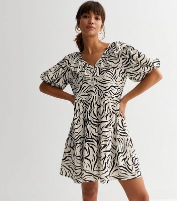 White Zebra Print Frill Puff Sleeve Mini Dress New Look