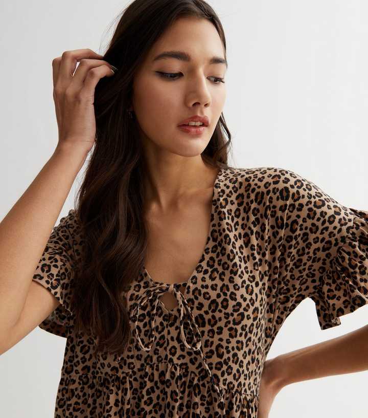 Brown Leopard Print Tie Front Mini Smock Dress
