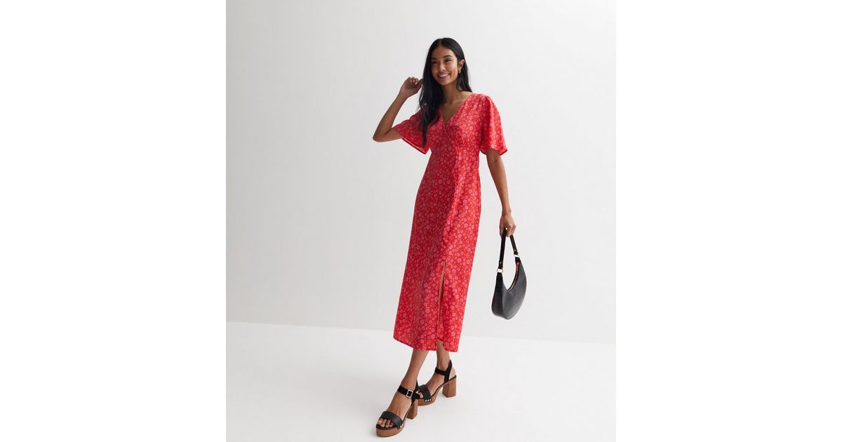 Red Ditsy Floral V Neck Split Midi Dress New Look 4500