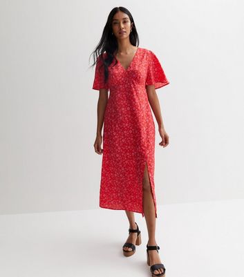 Red ditsy floral split sales midi dress