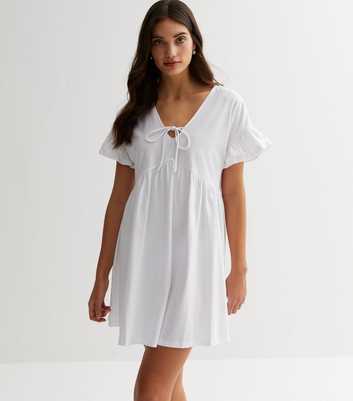 White Jersey Tie Front Frill Sleeve Mini Smock Dress