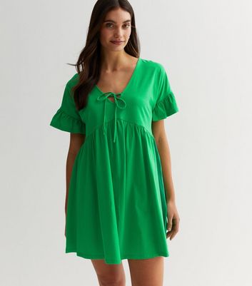 Green Jersey Tie Front Frill Sleeve Mini Smock Dress