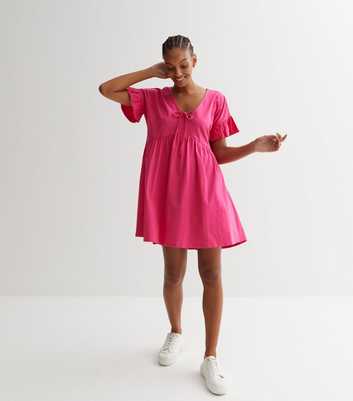 Bright Pink Jersey Tie Front Mini Smock Dress