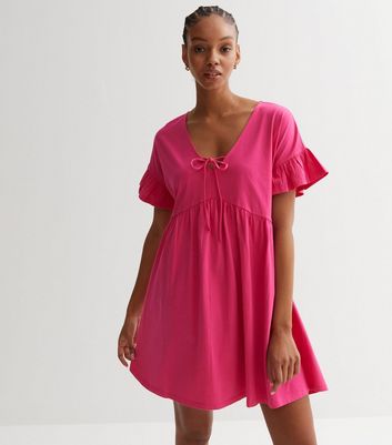 Bright Pink Jersey Tie Front Mini Smock Dress New Look
