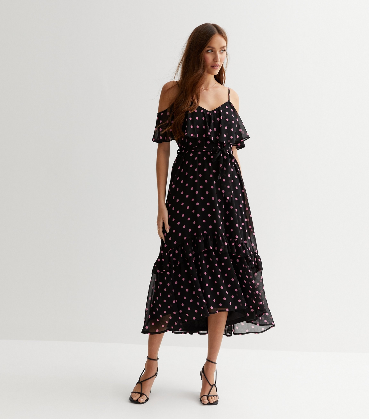 Women's Black Spot Cold Shoulder Ruffle Midi Dress New Look