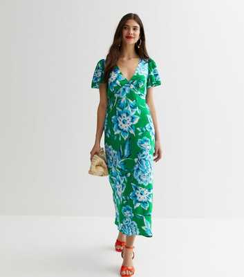 Green Floral V Neck Bias Cut Midaxi Dress