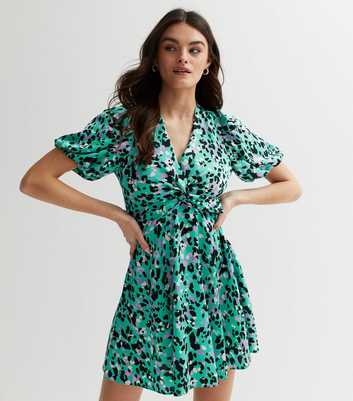 Green Leopard Print Satin Twist Front Mini Dress