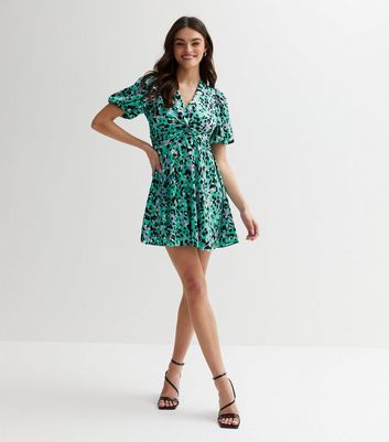 Green Leopard Print Satin Twist Front Mini Dress New Look