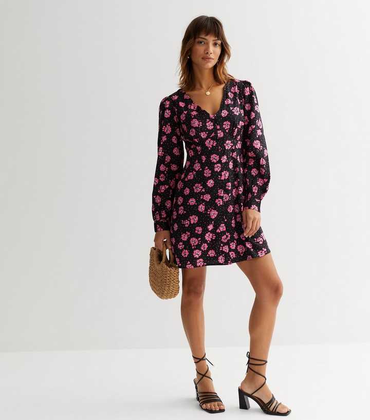 Cameo Rose Black Floral V Neck Button Front Midi Dress