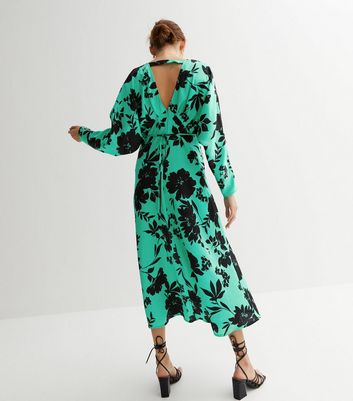 Green Floral Split Hem Kimono Midi Dress New Look