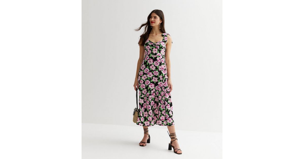 Black Floral Tie Strap Midi Dress | New Look