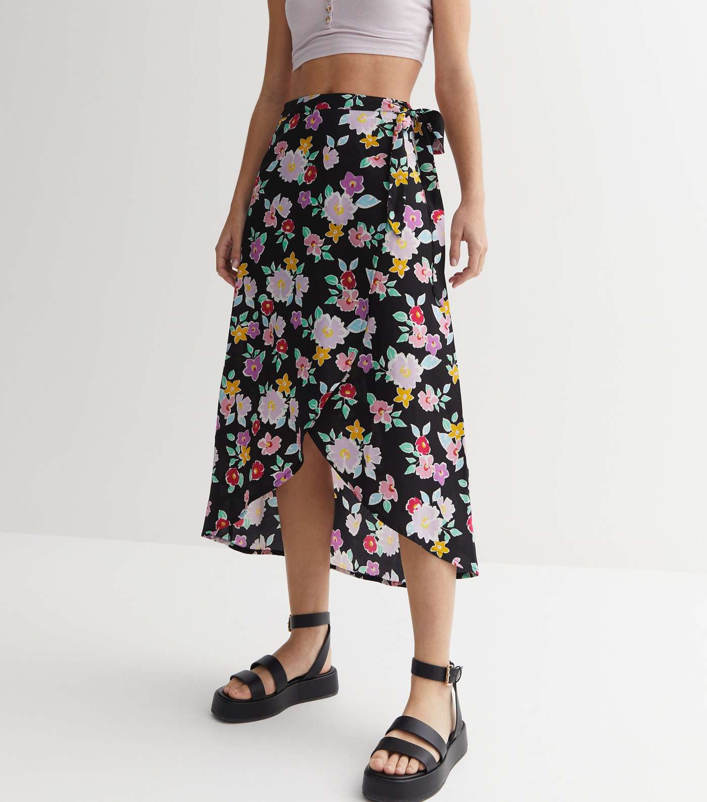 Black Floral Crepe Midi Wrap Skirt Image 3