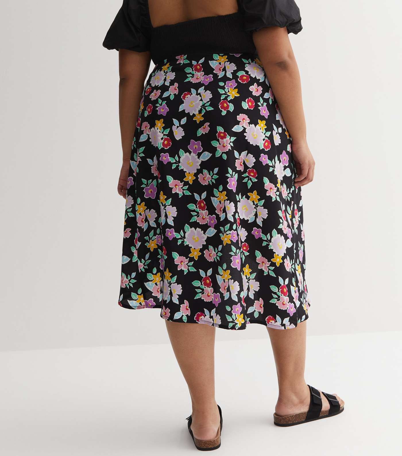 Black Floral Crepe Midi Wrap Skirt Image 5