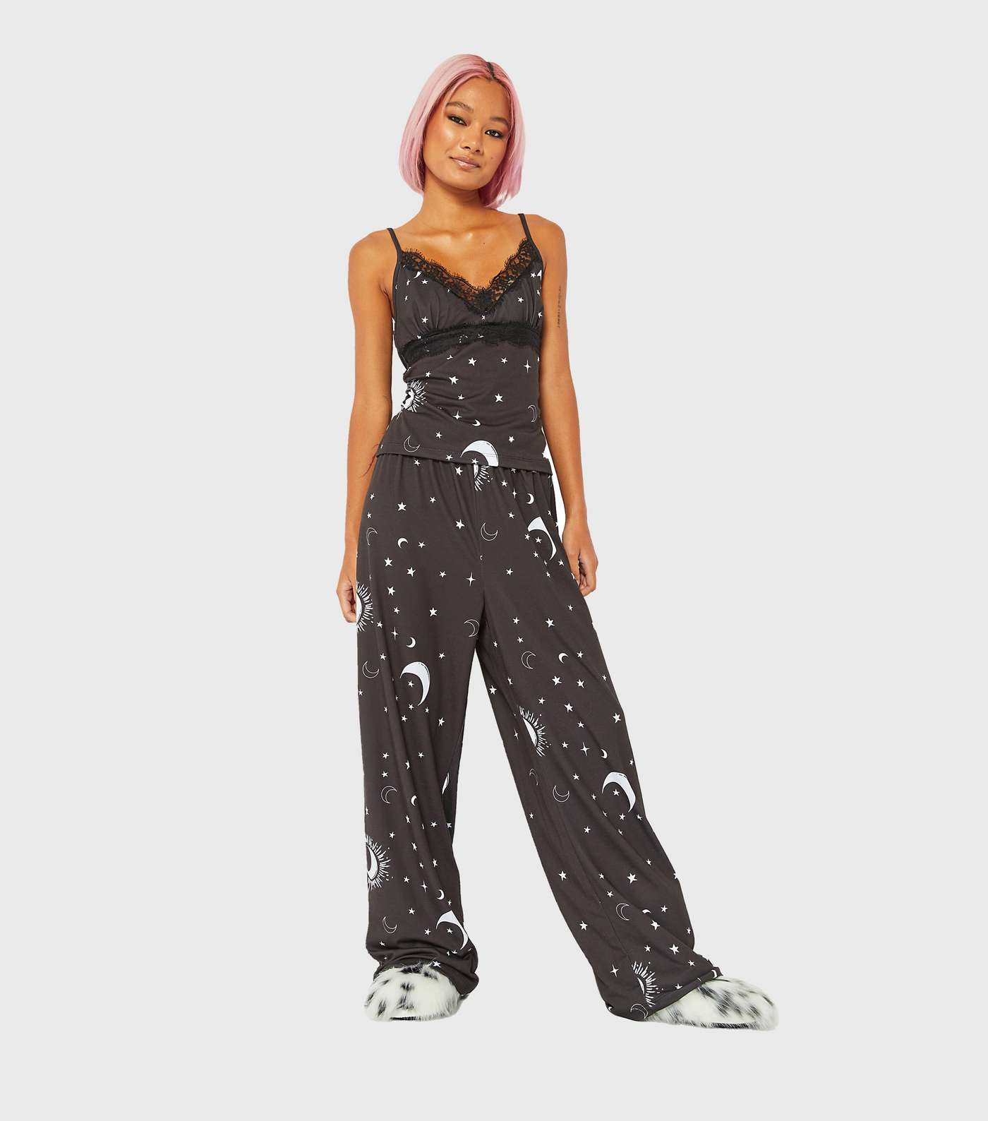 Skinnydip Black Lace Cami Pyjama Set with Celestial Print Image 2