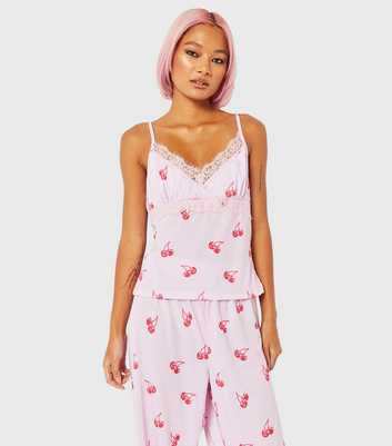 Skinnydip Pink Lace Trim Pyjama Set with Cherry Print